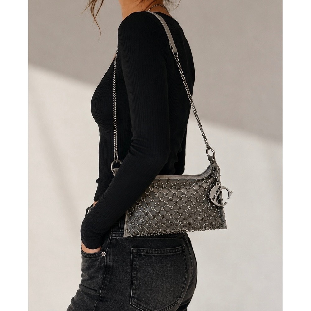 Chocolate Womens Chainmail Leather Shoulder Bag OS Grey Leather Y2K Grunge Edgy